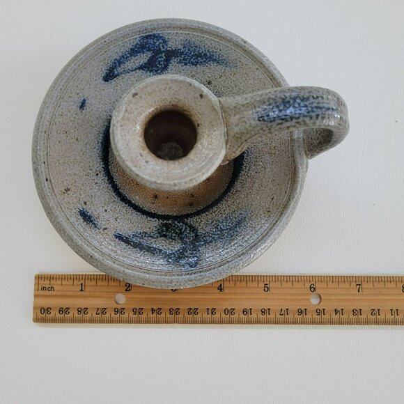 Vintage Rowe Pottery Candlestick Holder, Gray & Blue Salt Glazed Folk Art c.1982 - Picture 9 of 10